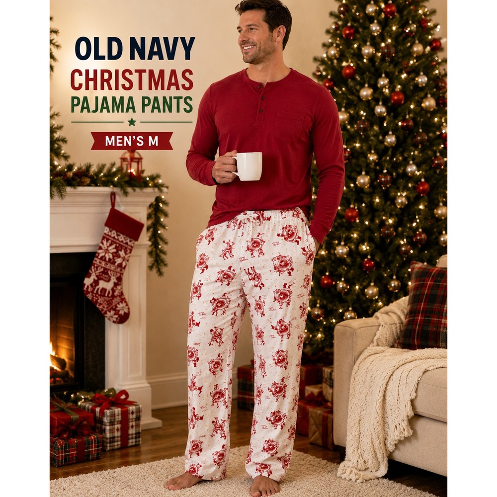 Old Navy Pajama Pants Mens M White Red Santa Reindeer Flannel Pockets Holiday
